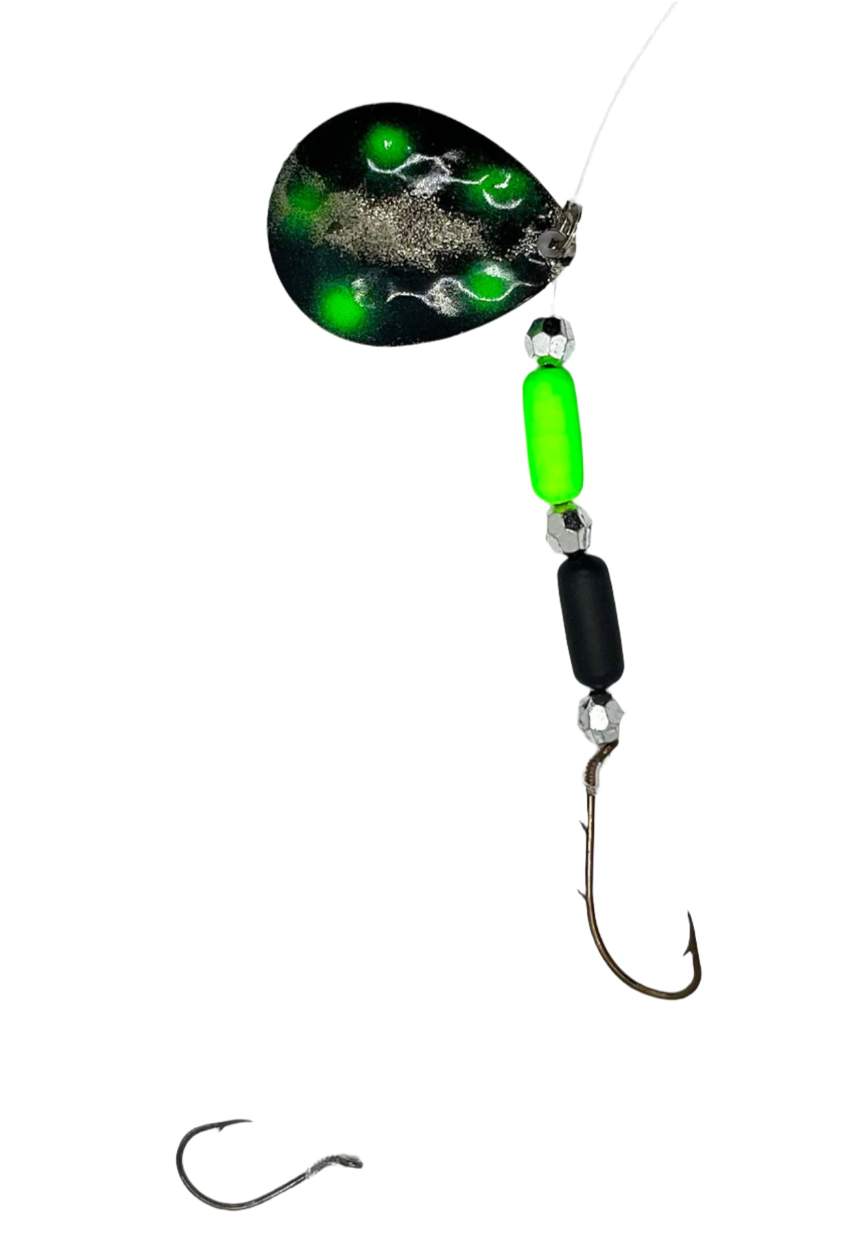 Black with Green dots floating Worm Harness with Colorado Blade