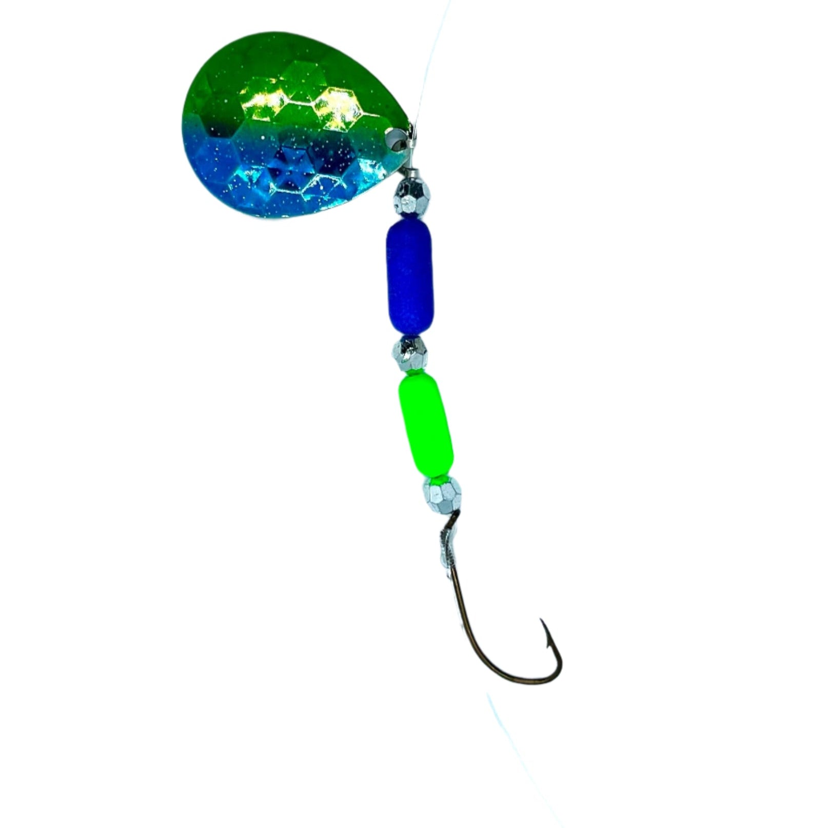 Transparent Blue and Green Floating Worm Harness with Colorado Blade