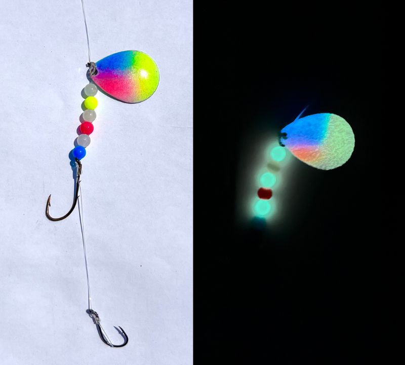 Chartreuse Blue and Pink Glow in the Dark Worm Harness with Eagle Claw Hooks