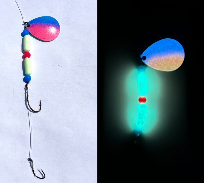 Blue and Pink Floater Glow in the Dark Worm Harness with Eagle Claw Hooks