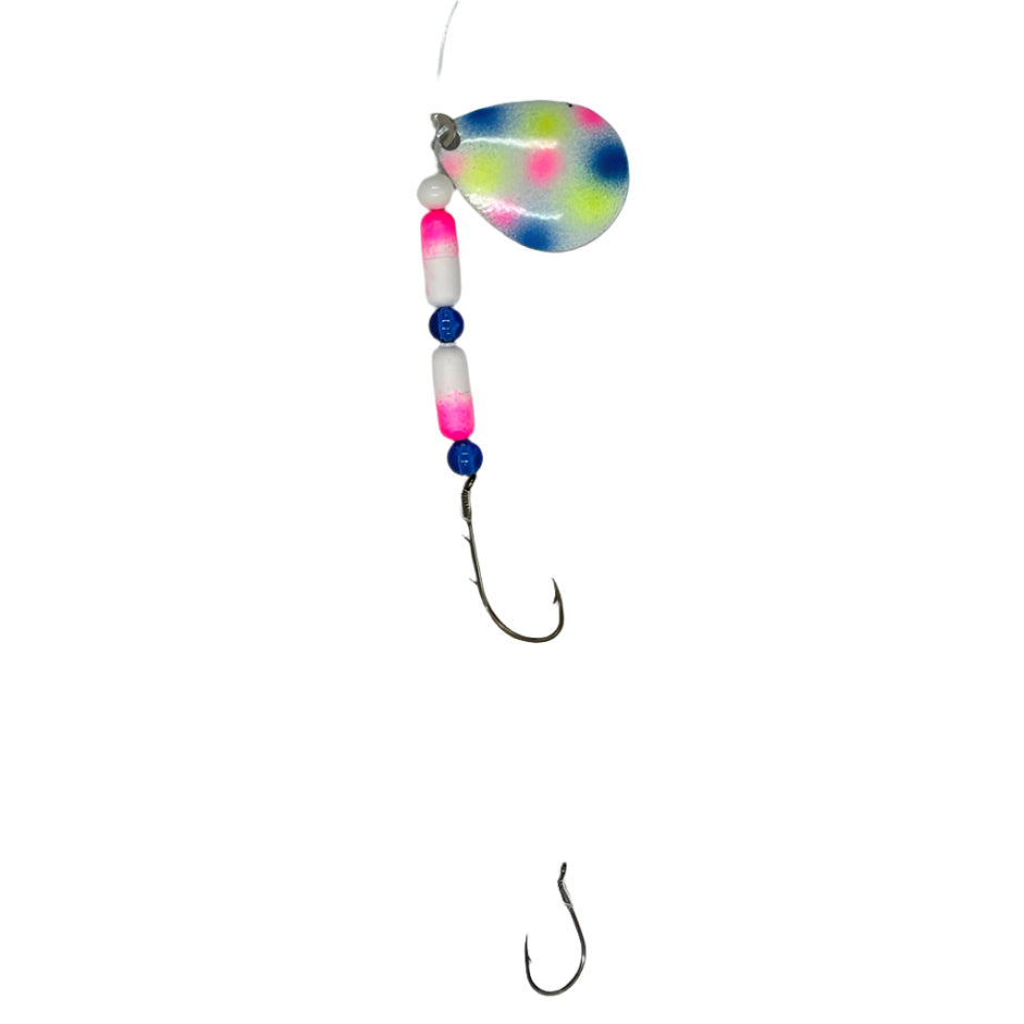 White with Blue, Pink and Chartreuse Dots Floating Worm Harness with Colorado Blade