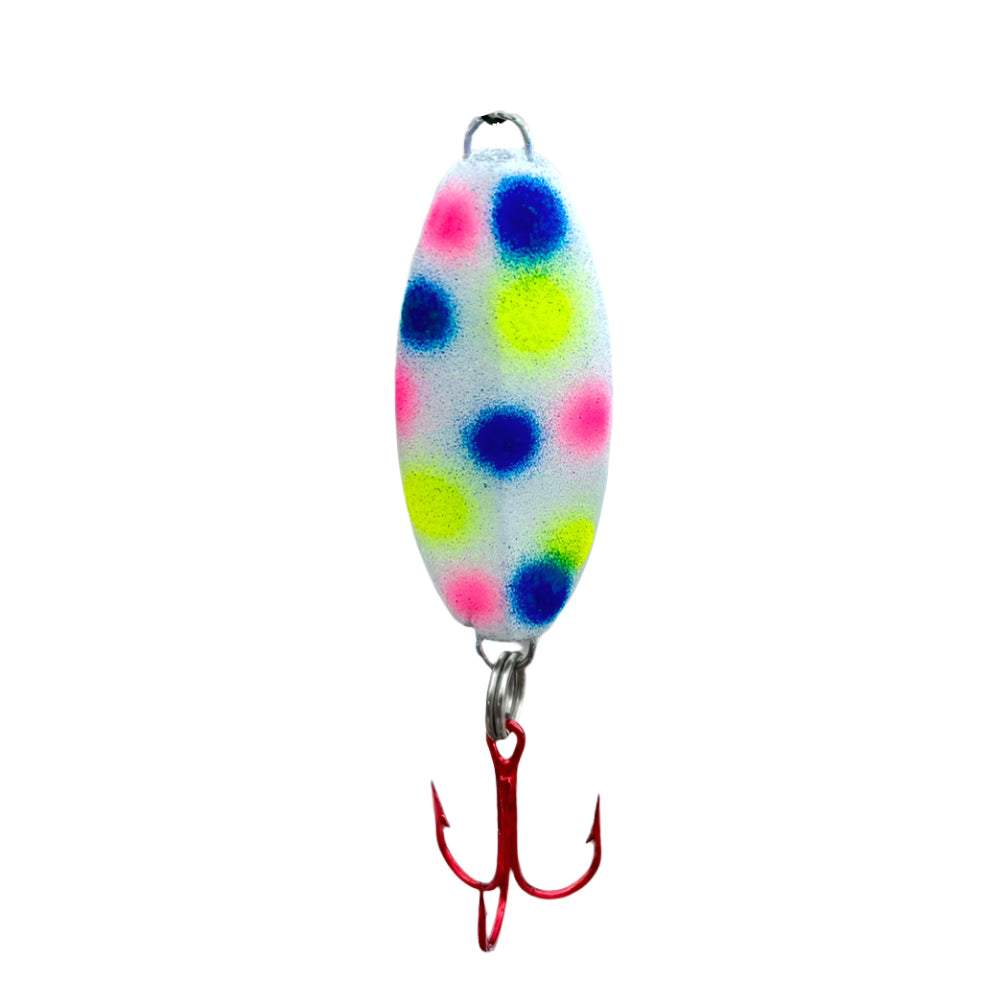 Bubble Gum Jigging Spoon with a Red Eagle Claw Treble hook