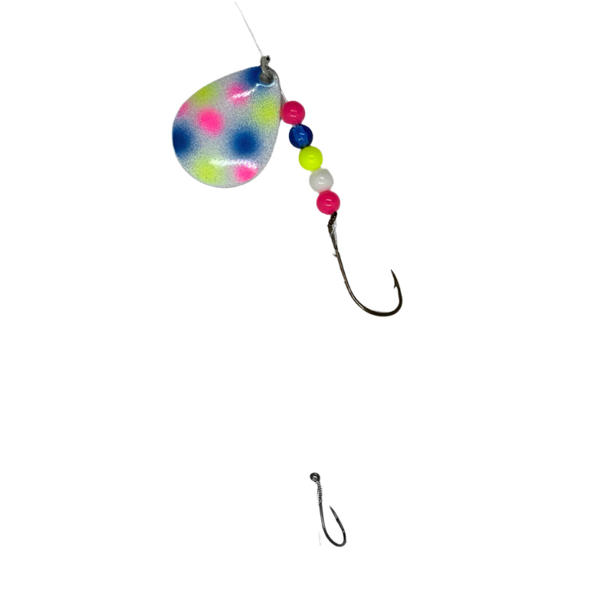 White with Blue, Pink and Chartreuse Dots Worm Harness with Colorado Blade