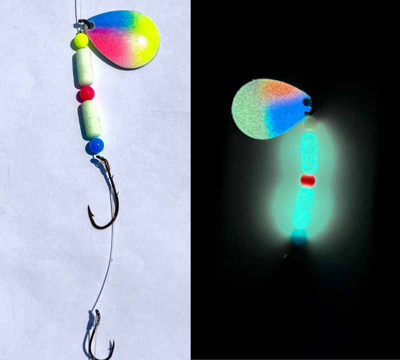 Chartreuse Blue and Pink Floating Glow in the Dark Worm Harness with Eagle Claw Hooks