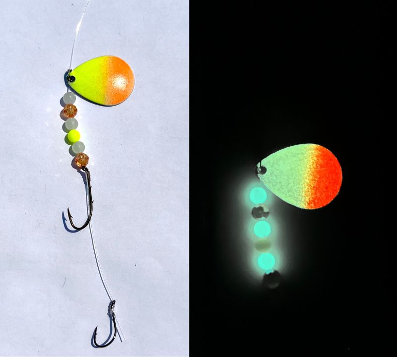Chartreuse and Orange Glow in the Dark Worm Harness with Eagle Claw Hooks