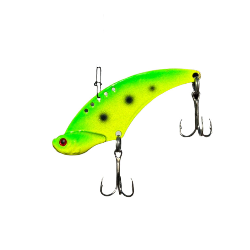 Leopard Frog Blade bait with two Eagle Claw Treble hooks
