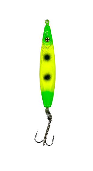 Leopard Frog Flutter Minnow with a red Eagle Claw Treble hook