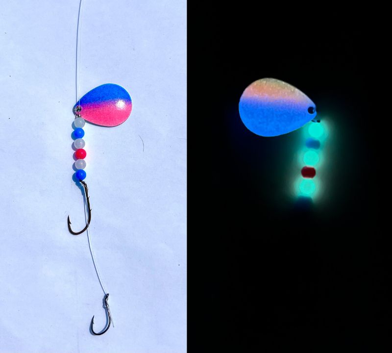 Pink and Blue Glow in the Dark Worm Harness with Eagle Claw Hooks