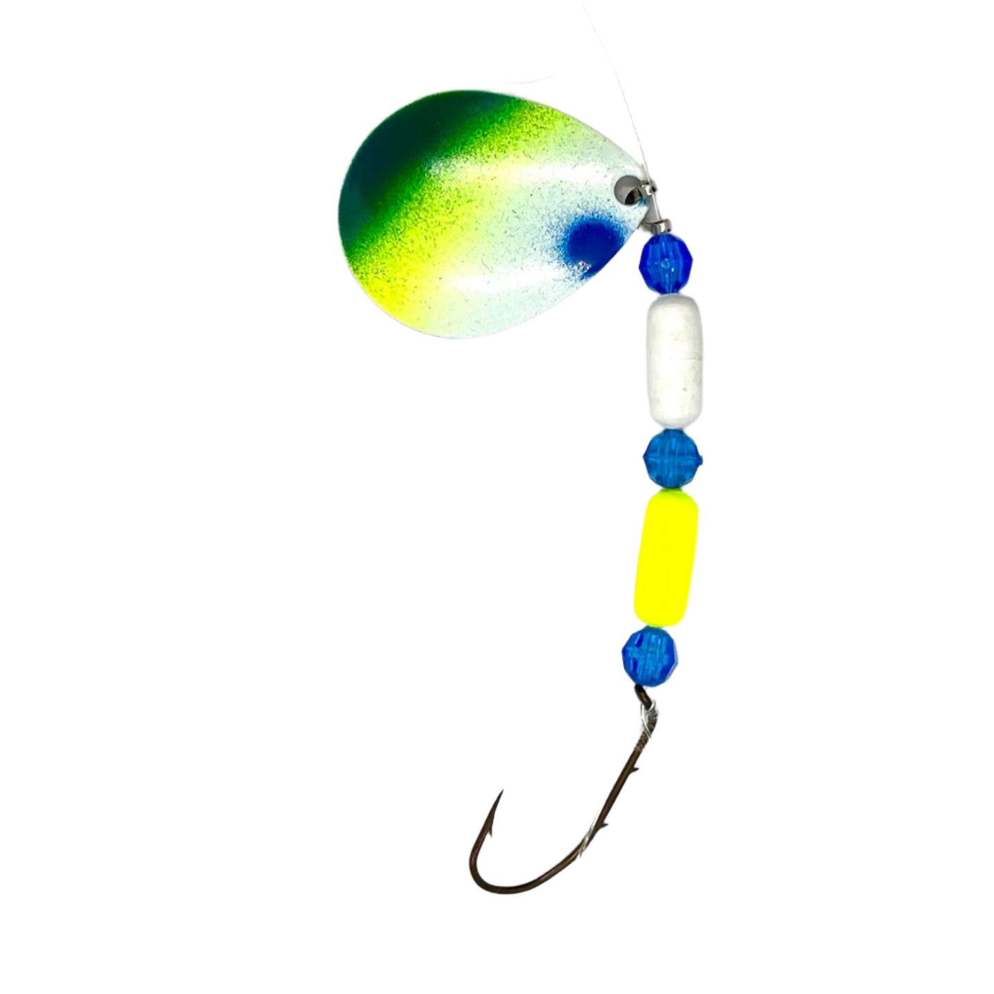 White Blue and Chartreuse Floating Worm Harness with Colorado Blade