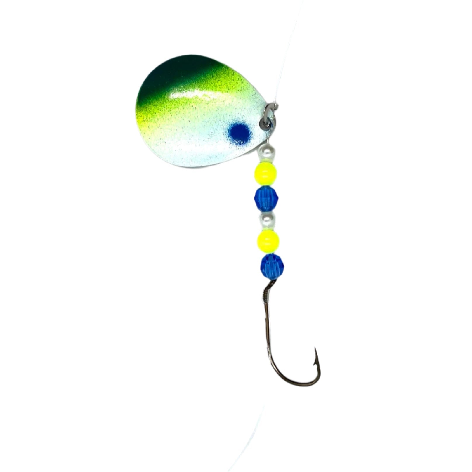 White Blue and Chartreuse Worm Harness with Colorado Blade