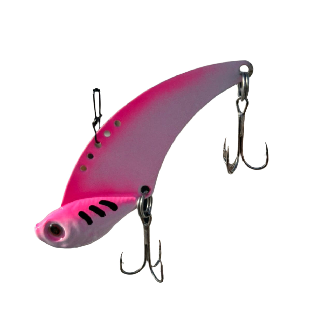 White and Pink Blade bait with two Eagle Claw Treble hooks