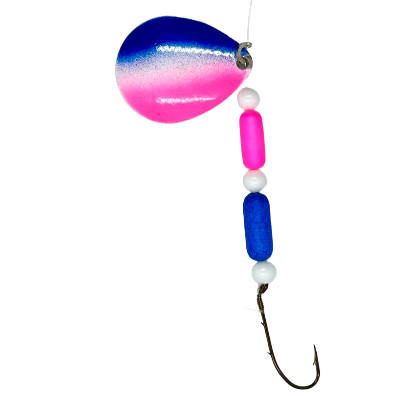 White Blue and Pink Floating Worm Harness with Colorado Blade