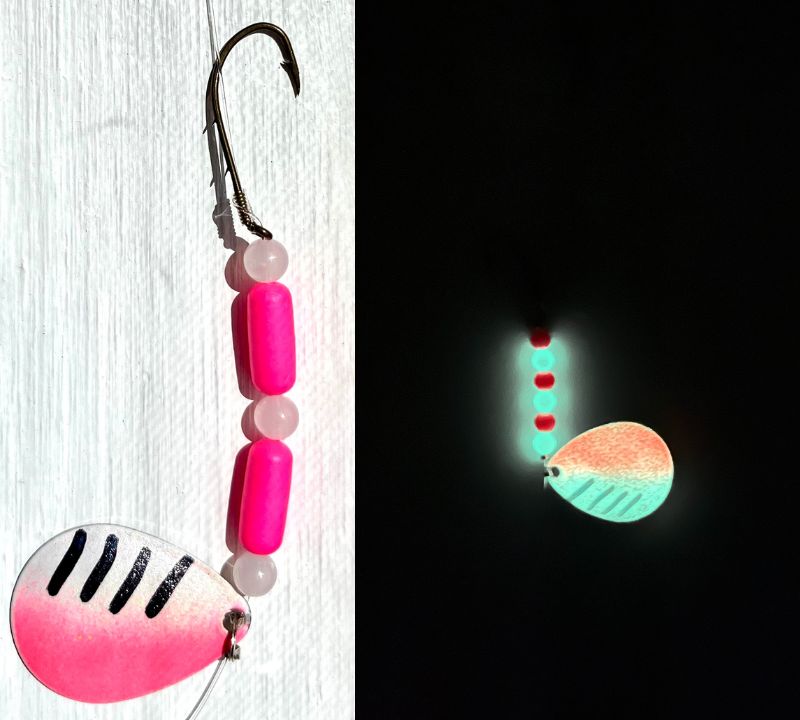White and Pink Glow in the Dark Worm Harness with Eagle Claw Hooks