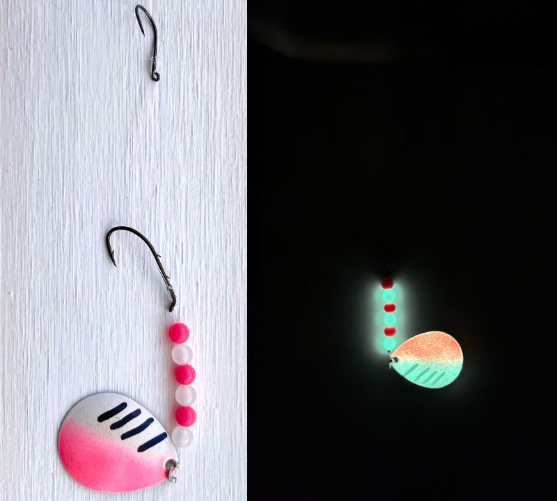 White and Pink beads Glow in the Dark Worm Harness with Eagle Claw Hooks