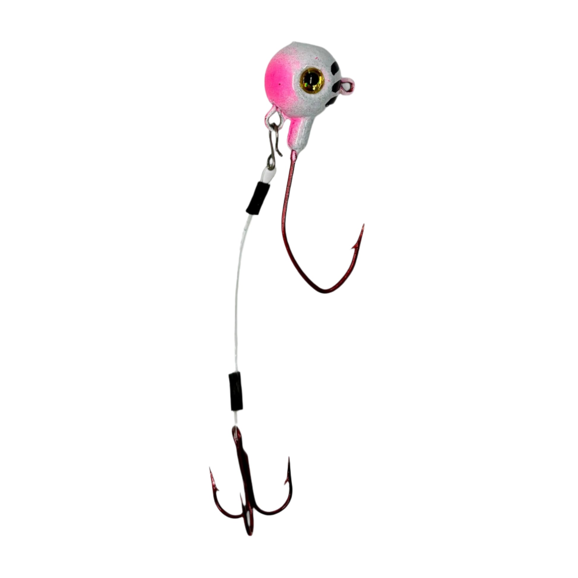 White and Pink Stinger Jig with an Eagle Claw Stinger hook attached