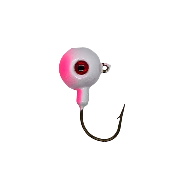 White and pink Short Shank Jig with Eagle Claw Hook and 3D eyes