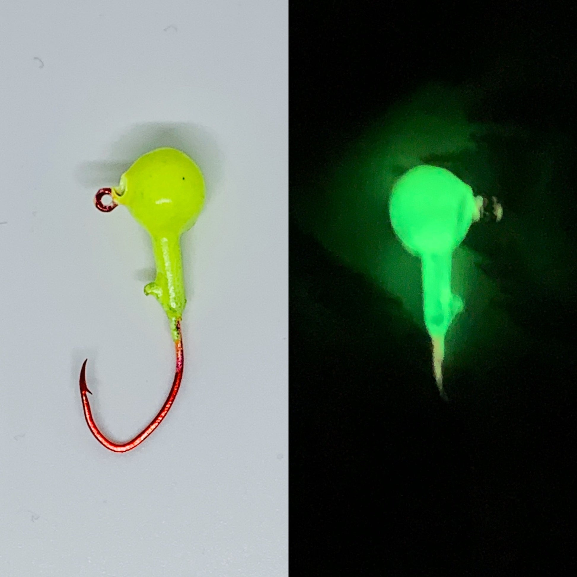 Chartreuse Glow in the Dark Jig with Red Eagle Claw Hook