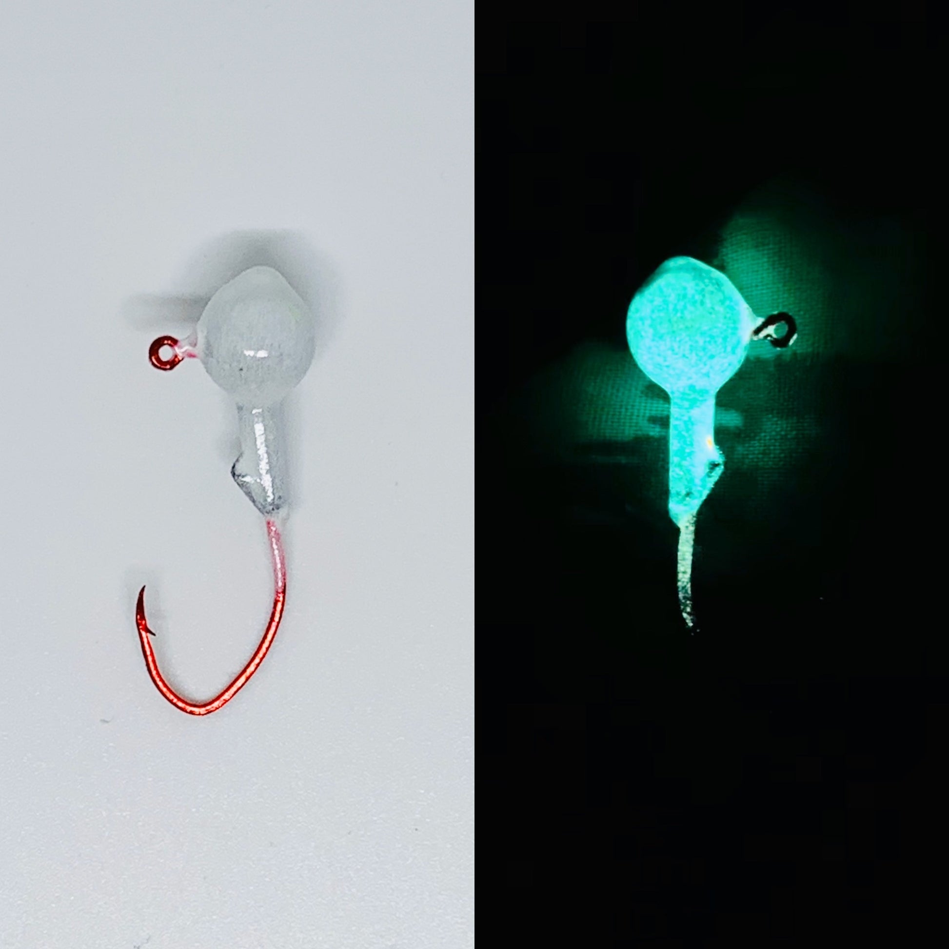 White Glow in the Dark Jig with Red Eagle Claw Hook