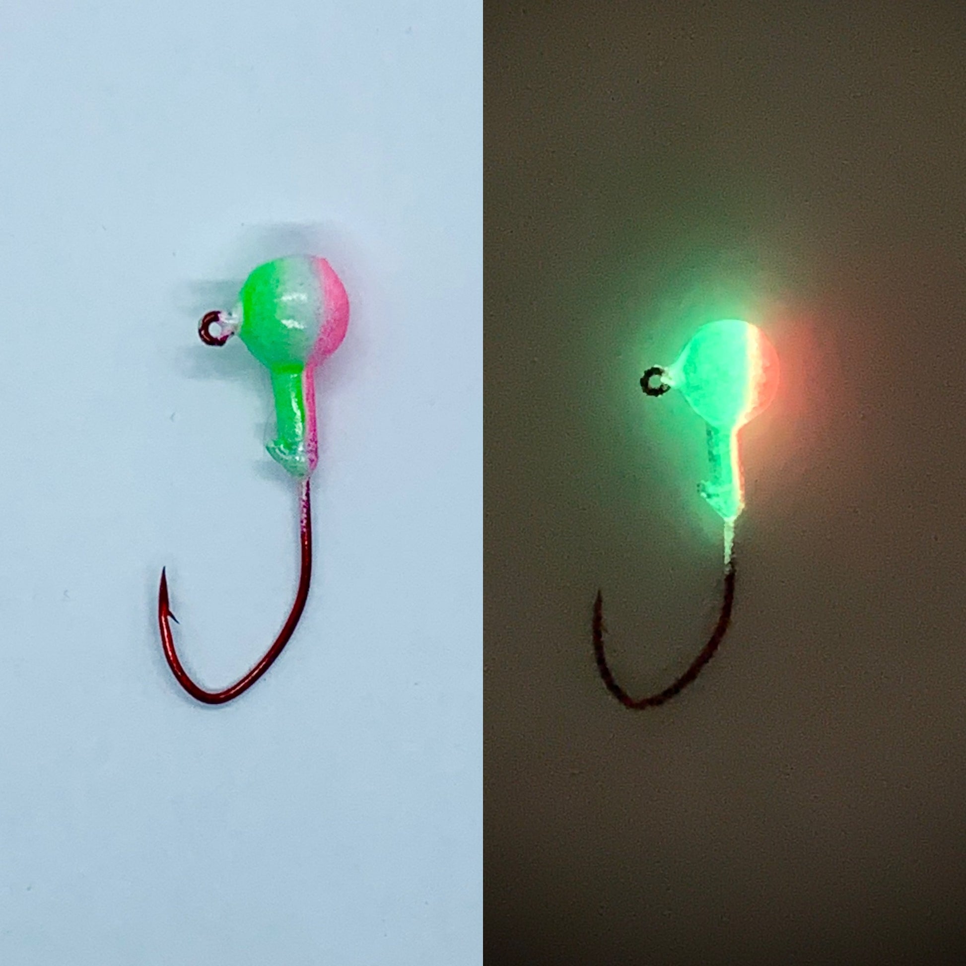 White Pink and Green Glow in the Dark Jig with Red Eagle Claw Hook