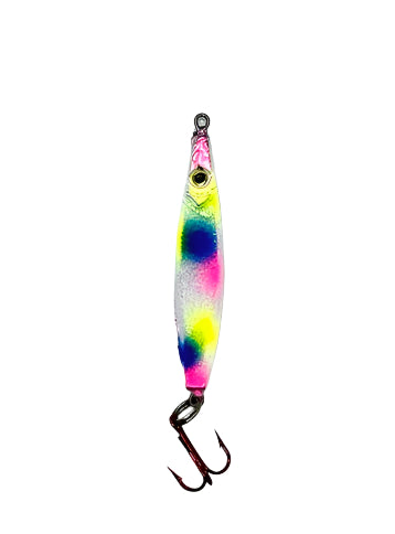 Bubble Gum Flutter Minnow with a red Eagle Claw Treble hook