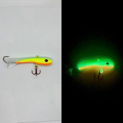 Fire Tiger Glow Shiver Minnow with a red Mustad Treble hook