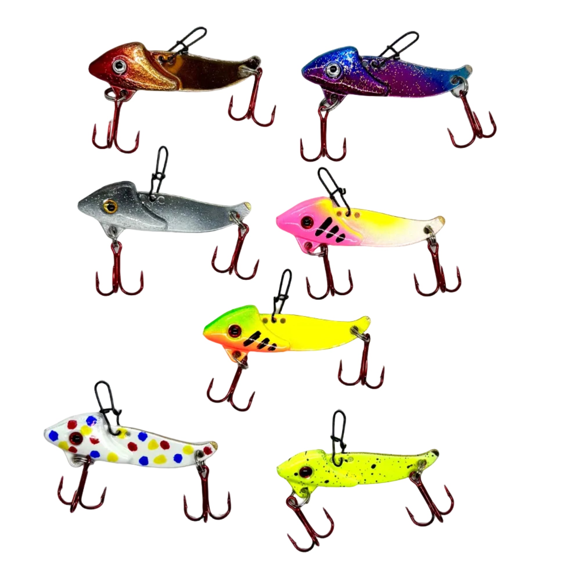 Multiple Mini Blade Baits with red Mustad Treble hook