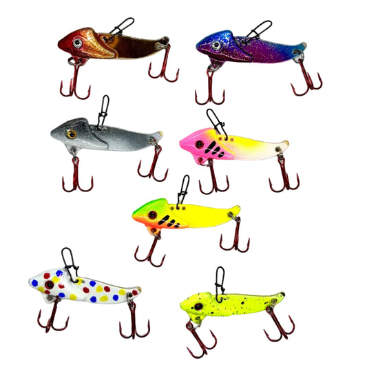 Multiple Mini Blade Baits with red Mustad Treble hook