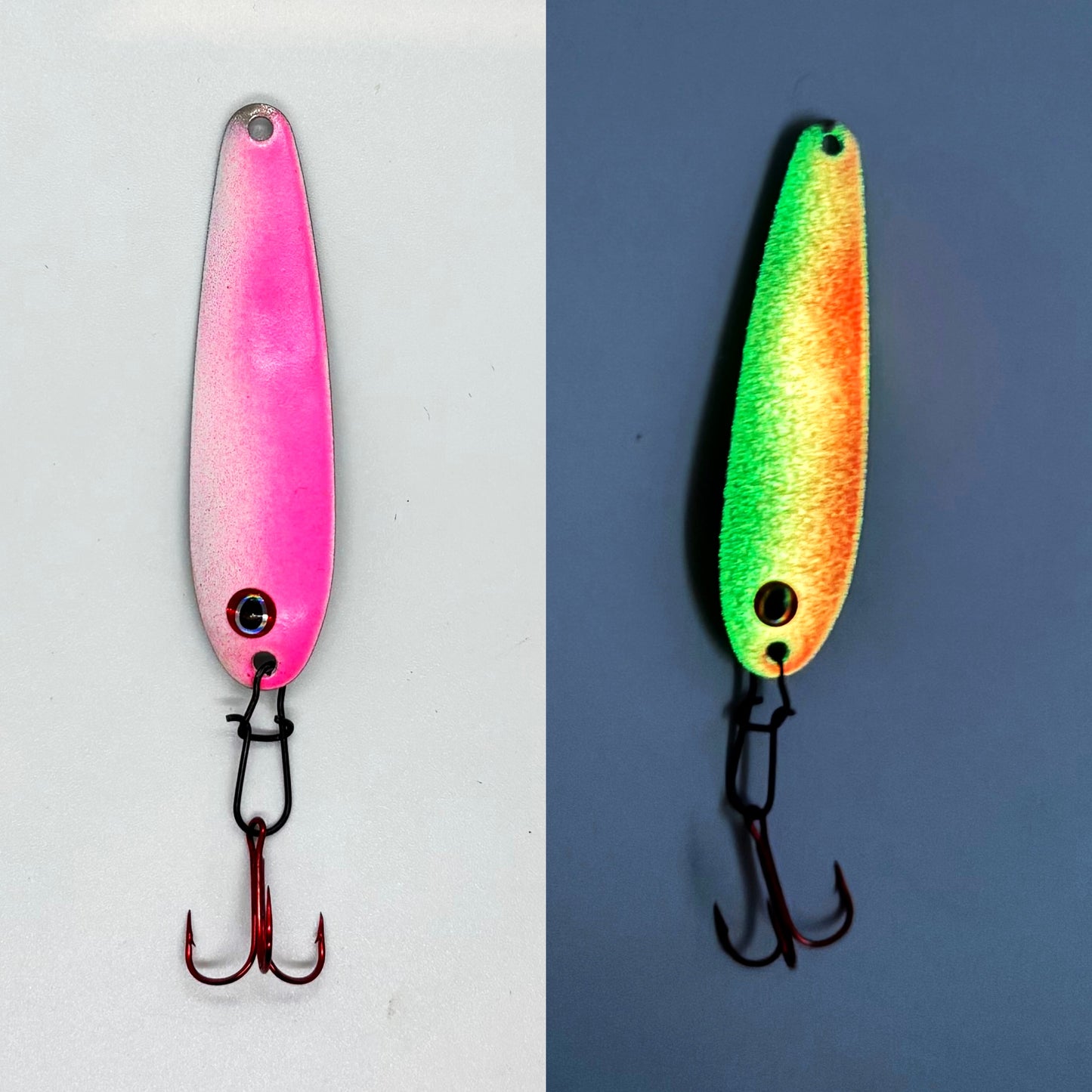 White and Pink Glow Ratting Flutter Spoon with Mustad hook and rattle 