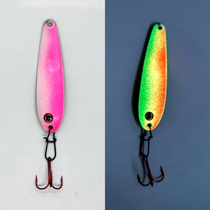 White and Pink Glow Ratting Flutter Spoon with Mustad hook and rattle 