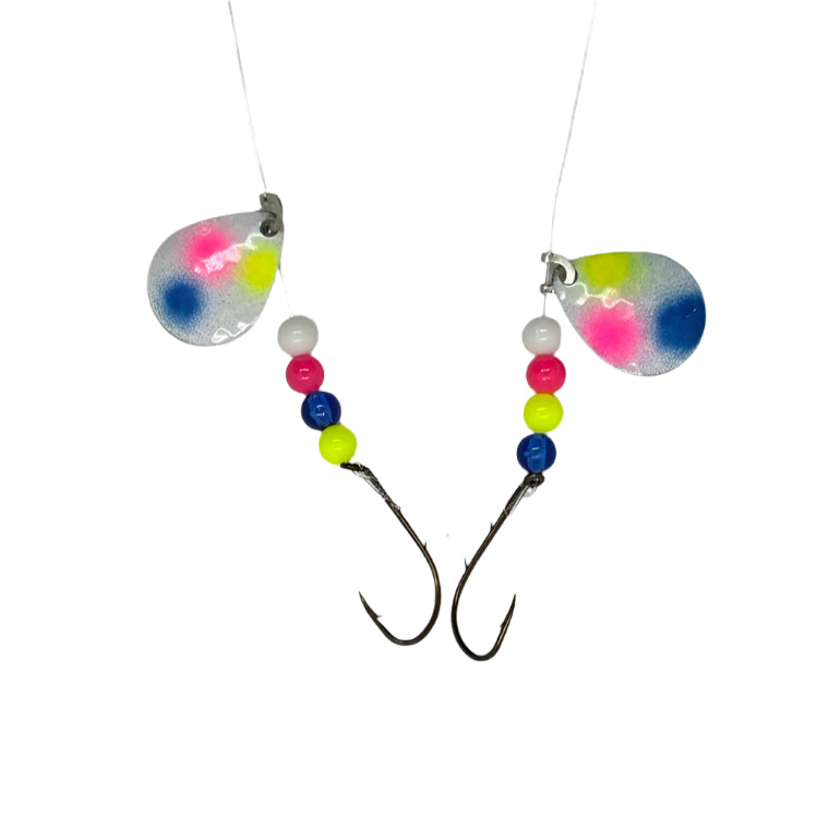 White Pink Blue Chartreuse dots Minnow Harness with Colorado Blades 
